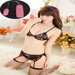 Female underwear sexy lace summer hot exotic perspective file open chest three extreme temptation set large shipping code XL (115-145 Jin) lace up Black bra (+T pants + Garters + net socks