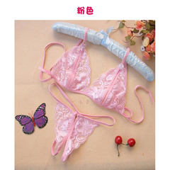 Female underwear sexy lace summer hot exotic perspective file open chest three extreme temptation set large shipping code XL (115-145 Jin) lace up Pink