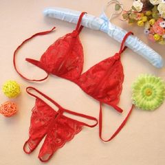 Female underwear sexy lace summer hot exotic perspective file open chest three extreme temptation set large shipping code XL (115-145 Jin) lace up gules
