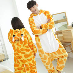 Thickening coral velvet adult Cute Couples, male and female cartoon animals, dinosaurs, big code conjoined pajamas, students in autumn and winter XL (175-185) shoes Giraffe