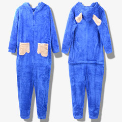 Conjoined pajamas female winter cartoon Korean students' sweet and lovely thickening warm Plush Japanese family clothing M Blue boy