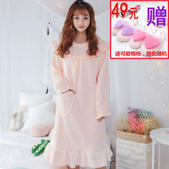 Korean cute sexy female Princess Nightgown winter long sleeved coral fleece flannel pajamas in autumn and winter long service Home Furnishing M (106-120 pounds for weight) Love peach skirt + Cotton tow