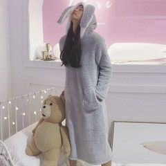 Autumn and winter Korean version of the long paragraph thickening cute rabbit ears long sleeve pajamas dress, students leisure home clothing ladies F gray