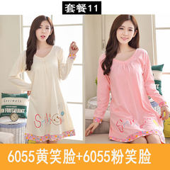 MS spring cotton Nightgown long sleeved skirt Korean fresh can wear pajamas cotton Nightgown winter code 160 (M) 11#6055 yellow smiling face +6055 pink smiling face