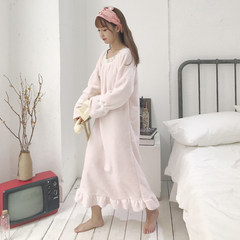Autumn and winter sweet Korean flannel Ruffle Dress thickening sleeve pajamas nightdress Home Furnishing clothing female students F light pink