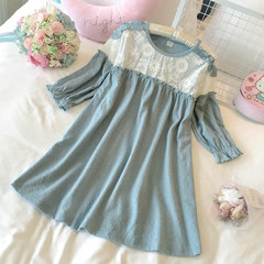 Spring and autumn long sleeved cotton pajamas female Korean Sweet Princess Wind dress suit and a thin section of Home Furnishing M BL17638 # blue skirt