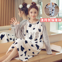 Flannel Nightgown Pajamas female winter autumn winter fresh Korean students XL fat mm Home Furnishing coral velvet suit S 104# grey YTS