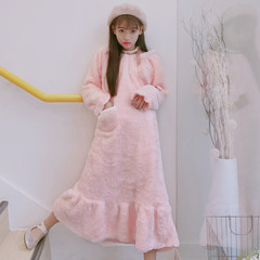 New women's clothing in autumn and winter is soft sister, sweet and lovely coral velvet, long length student home dress, pajamas dress F Pink