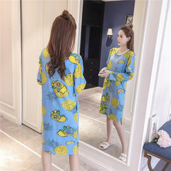 With a long sleeved bra Nightgown Pajamas and long bag lady free bra cup in one piece dress M (for 80-100 Jin) Blue Peacock