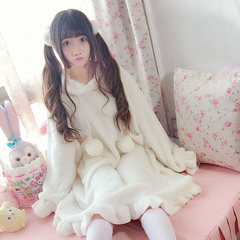 Winter Japanese cute furry cat ears hooded long sleeved dress casual clothing pajamas nightdress Home Furnishing female students F Milky white