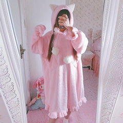 Winter Japanese cute furry cat ears hooded long sleeved dress casual clothing pajamas nightdress Home Furnishing female students F Pink