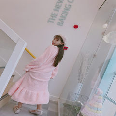 The fall of the new Korean soft sister sweet coral fleece long Home Furnishing clothing all-match solid tide female long sleeved Nightgown F Pink