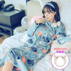 Autumn and winter sweet Korean female flannel pajamas coral fleece Princess Nightgown long section can be connected to wear 160 (M) Activities: two pieces and 68 yuan