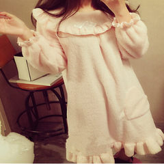 Female dress autumn winter flannel pajamas lovely coral fleece long sections of fresh sweet princess Home Furnishing conjoined clothes F transparent
