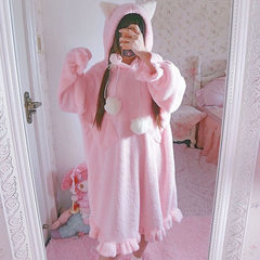 Autumn ladies Japanese cute furry cat ears long sleeved dress gown homewear skirt long dress F Pink