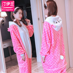 Cartoon conjoined pajamas, adult winter cute Korean animals, men and women dinosaur lovers flannel can be worn outside suit XL code (179-190cm) Pink