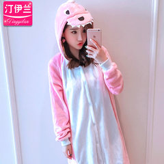 Cartoon conjoined pajamas, adult winter cute Korean animals, men and women dinosaur lovers flannel can be worn outside suit XL code (179-190cm) Orange red