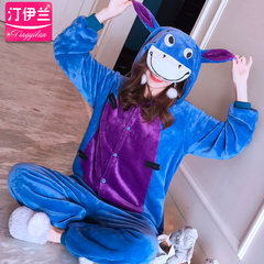 Cartoon conjoined pajamas, adult winter cute Korean animals, men and women dinosaur lovers flannel can be worn outside suit XL code (179-190cm) Fluorescent green