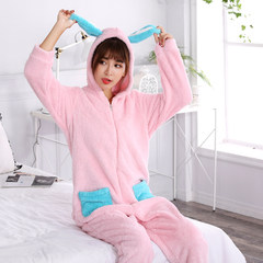 Conjoined pajamas female autumn winter thickening warmth, cartoon animal adult Korean version of lovely coral velvet home wear XL Pink