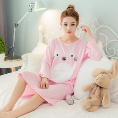 The spring and autumn long sleeved cotton Nightgown dress sleeve loose large size Korean winter pajamas cartoon cute girl skirt XXXL Long sleeved chinchilla pink skirt