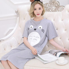 The spring and autumn long sleeved cotton Nightgown dress sleeve loose large size Korean winter pajamas cartoon cute girl skirt XXXL Grey Totoro (cotton)
