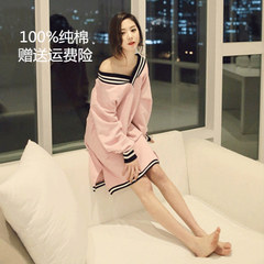 The spring and autumn long sleeved cotton Nightgown dress sleeve loose large size Korean winter pajamas cartoon cute girl skirt XXXL Long sleeved V collar Nightgown powder
