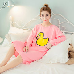 The spring and autumn long sleeved cotton Nightgown dress sleeve loose large size Korean winter pajamas cartoon cute girl skirt XXXL Long sleeved orange duck