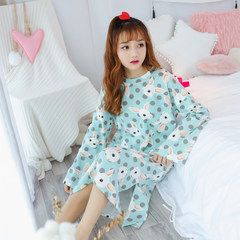 The spring and autumn long sleeved cotton Nightgown dress sleeve loose large size Korean winter pajamas cartoon cute girl skirt XXXL Rabbit blue with long sleeves