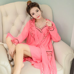 The spring and autumn cotton long sleeved pajamas female Korean sexy nightdress two piece bra with winter clothing Home Furnishing summer 160 (M) Watermelon Red