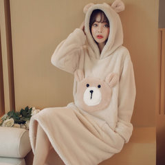 The new winter Nightgown female coral fleece long flannel pajamas cartoon thickened hooded suit Home Furnishing Korean Students 160 (M) Beige