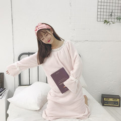 New winter sweet Korean flannel long pajamas nightdress thickened flounce dress female students F light pink