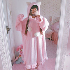 Autumn ladies Korean Japanese soft sister furry cat ears home pajamas in the long hooded Nightgown dress F Pink