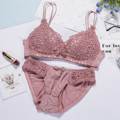 No steel ring sexy lace underwear, high school girls, triangle cup, small chest, up bra set Pink (set) 38/85C