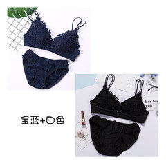 No steel ring sexy lace underwear, high school girls, triangle cup, small chest, up bra set Black + precious blue (two sets) 32/70B