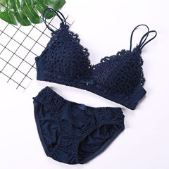 No steel ring sexy lace underwear, high school girls, triangle cup, small chest, up bra set Treasure blue (set) 38/85B