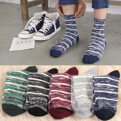 5 pairs of Japanese men stockings Harajuku folk style thick socks cotton socks socks and stockings in male tide F Thick line stripe 4 color 5 double loading