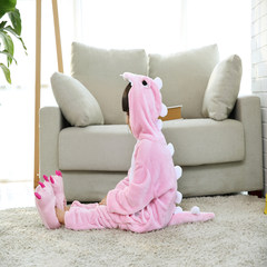 Children dinosaurs, cartoon animals, Siamese pajamas, winter boys and girls, flannel pajamas, family clothes, home clothes Shoes [height 158-164] M code Pink dinosaur