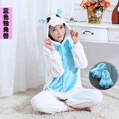Rabbit animal cartoon conjoined pajamas, lovers set cute adult students, Korean version of autumn sweet winter S height 148-158 flannel without shoes Blue unicorn in flannel