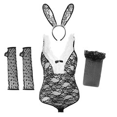 Sexy perspective lace rabbit girl conjoined Dress Pajamas gloves thigh Socks 4 sets cute tail uniform temptation F black