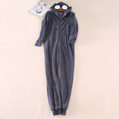 Coral velvet cartoon conjoined pajamas animal cute couple winter man autumn flannel hooded home suit A739 3X Blue gray
