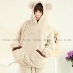 Special winter pajamas female coral velvet lovely conjoined cartoon thickening Korean clothing family suit students M 529 Beige bear