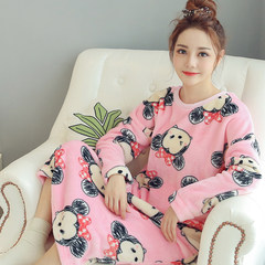 Korean female coral fleece Nightgown in autumn and winter long cartoon thick flannel pajamas female long sleeved clothing Home Furnishing L code (95-125) Jin 232# pink Mickey
