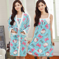 Female winter Coral Fleece Pajamas gown Two Piece Flannel bathrobe nightdress thickened cute Home Furnishing suit XL code [suggestion 115-130 Jin] Blue KT cat