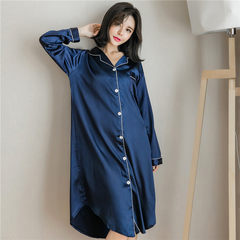 Female sexy silk Nightgown Pajamas and long sleeved silk silk robe with loose clothing Home Furnishing increase obesity MM 3XL blue