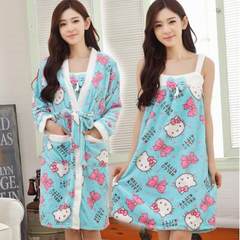 Shipping in autumn and winter LADIES FLANNEL PAJAMAS two suit dress Home Furnishing bathrobe nightdress fat XL L (95-110 Jin) KT Cat Blue