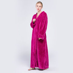 Winter coral fleece flannel Nightgown slim female lengthened thick warm zipper size Home Furnishing pregnant women clothes Nightgown Big code L height 158-168cm Rose red