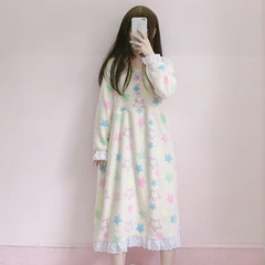Autumn ladies on the loose soft sister in the long cartoon printed nightdress lace stitching students home dress F Apricot
