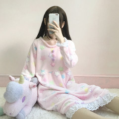 Autumn ladies on the loose soft sister in the long cartoon printed nightdress lace stitching students home dress F Pink