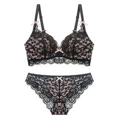 Psaki's possession of half cup bra set retro sexy gather under the thin thick lace underwear female red wine 4. black flowers 70A