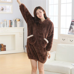 Autumn and winter with velvet flannel Nightgown lovely long pajamas women female coral fleece loose warm belt bra L code Dark brown